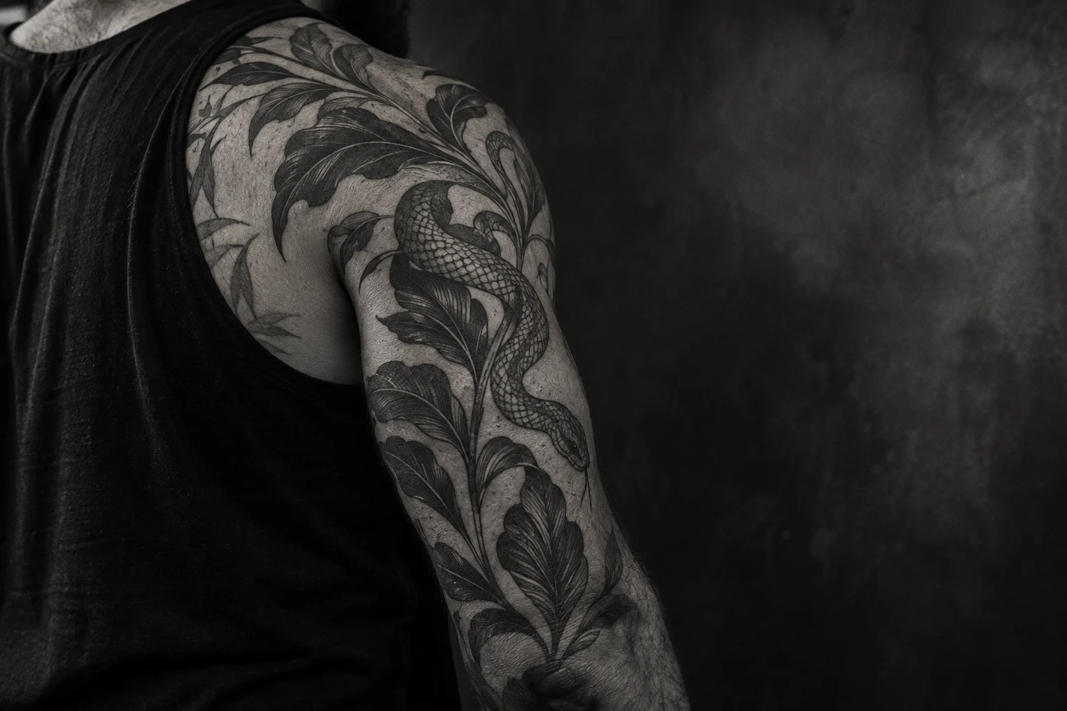 Autorski tatuaż blackwork na ramieniu, fotografia koncepcyjna