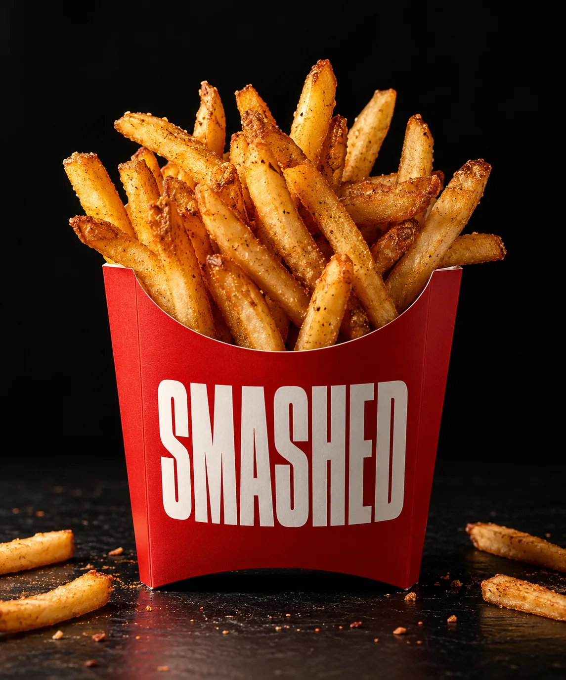 Golden fries in a red SMASHED carton