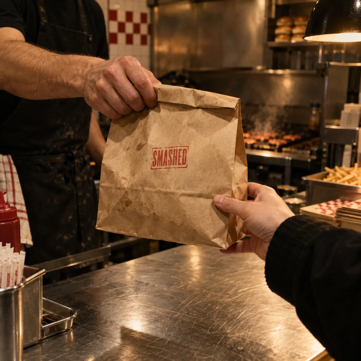 A takeaway order being handed across the counter