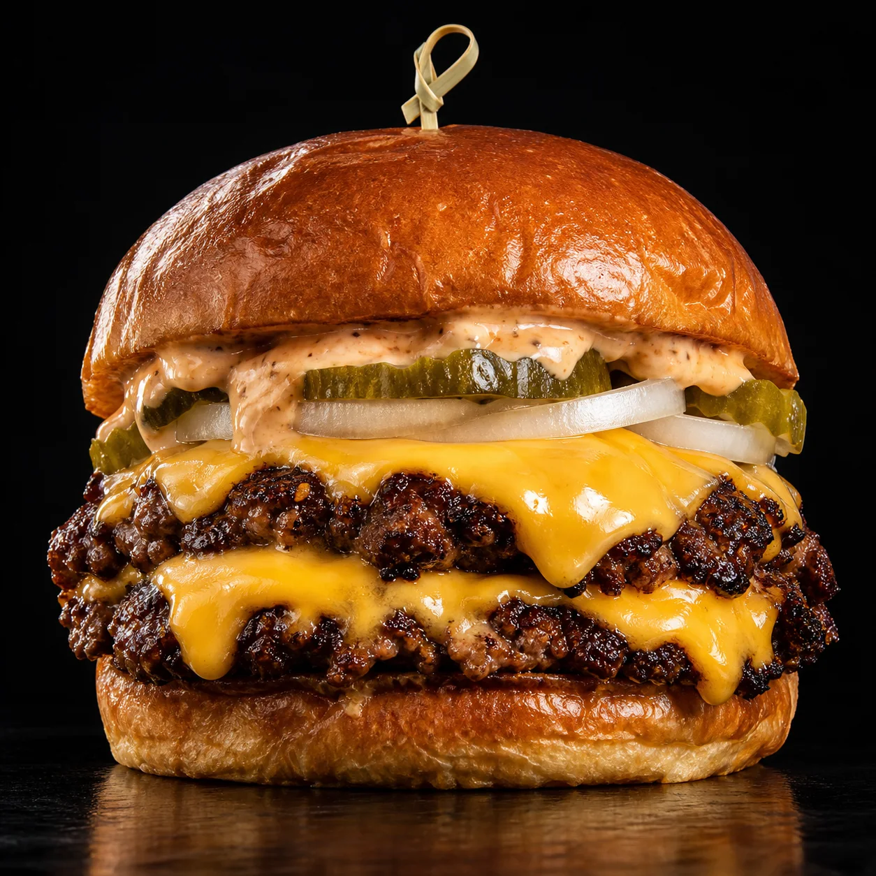 Double smashed beef burger with melted American cheese, pickles and a glossy toasted brioche bun
