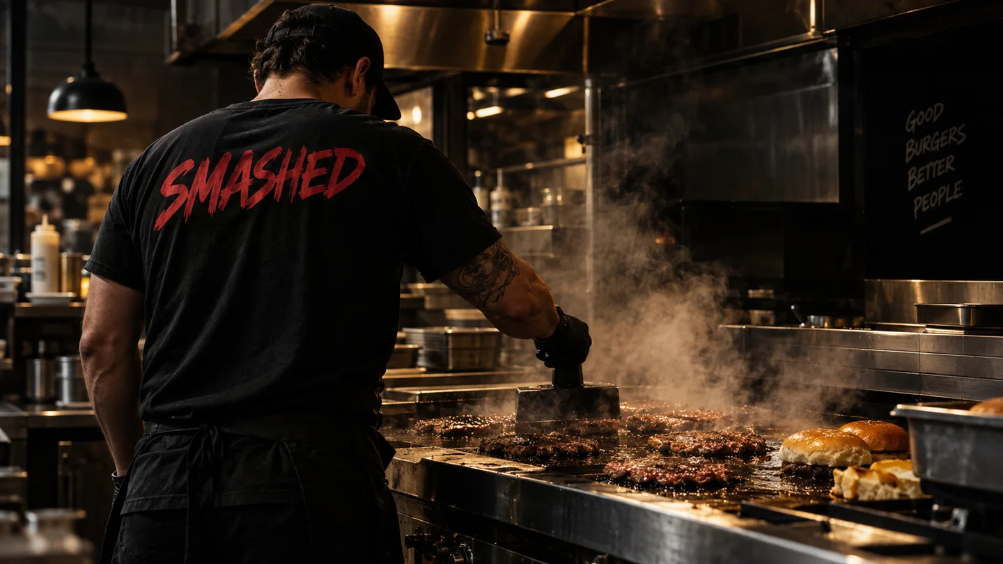 A SMASHED cook working at a hot grill surrounded by steam