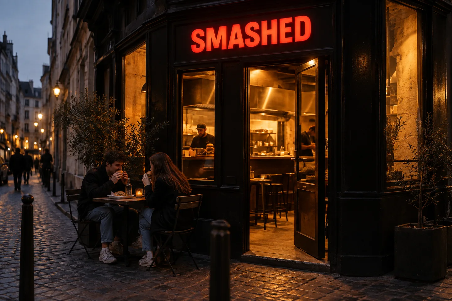 Illustration of a fictional SMASHED shop with a glowing red sign at dusk