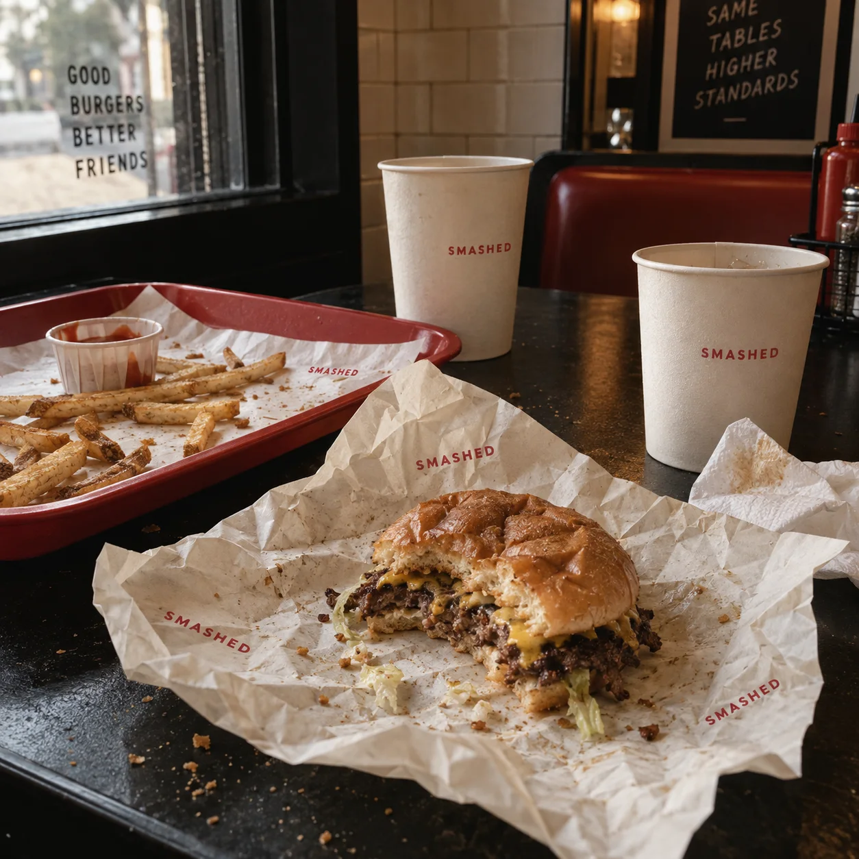 A shared table with burger wrappers and fries