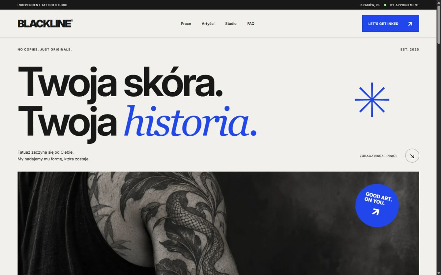 Zrzut strony BLACKLINE — studio tatuażu na komputerze